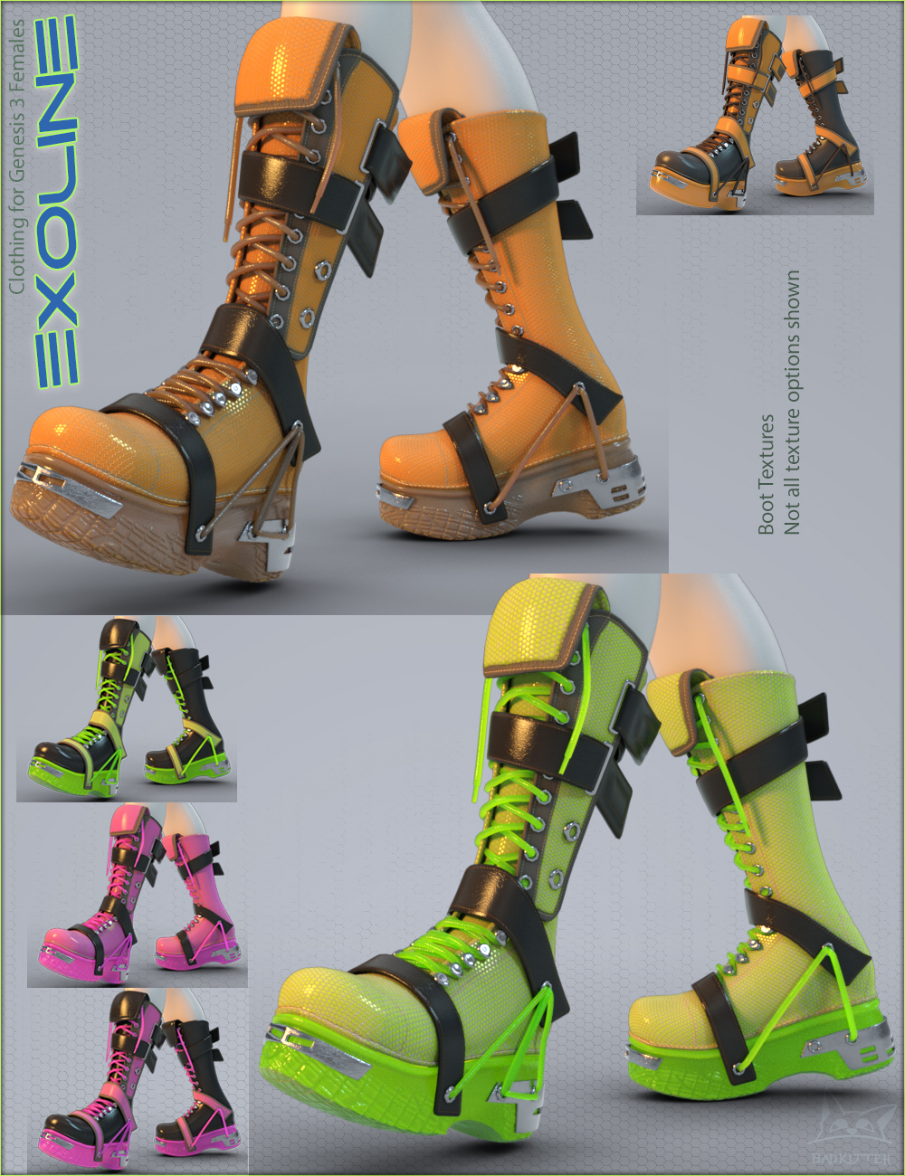 Exoline Boots and Accessories for Genesis 3 Female(s) by: BadKitteh Co, 3D Models by Daz 3D