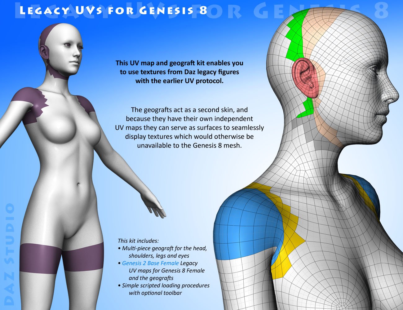 Legacy UVs for Genesis 8: Genesis 2 Female by: Cayman Studios, 3D Models by Daz 3D