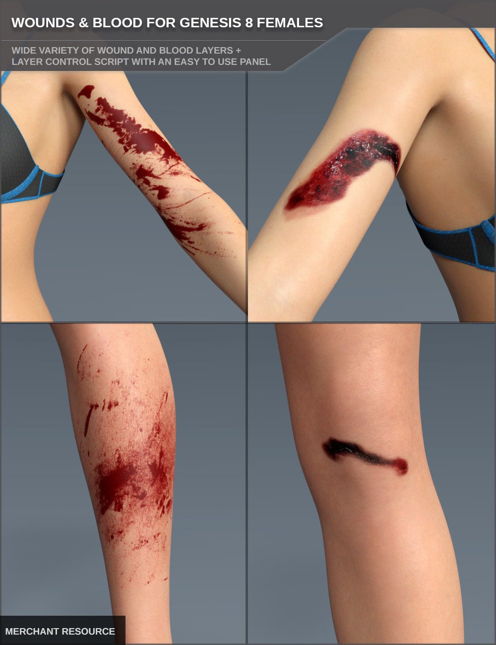 Wounds and Blood for Genesis 8 Female(s) and Merchant Resource by: RiverSoft ArtSF-Design, 3D Models by Daz 3D