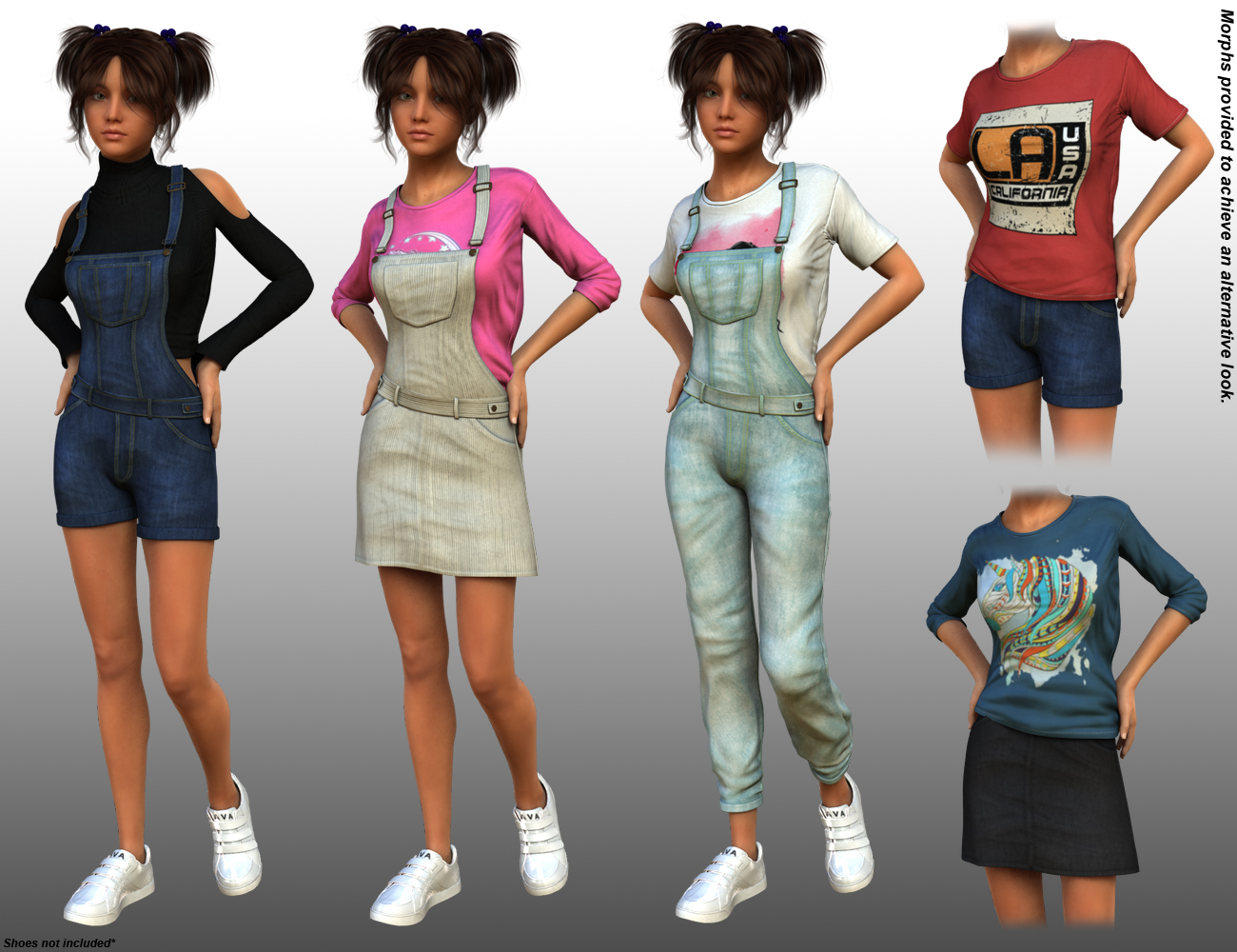 3 in 1 Dungarees for Genesis 3 & Genesis 8 Female(s) by: Dogz, 3D Models by Daz 3D