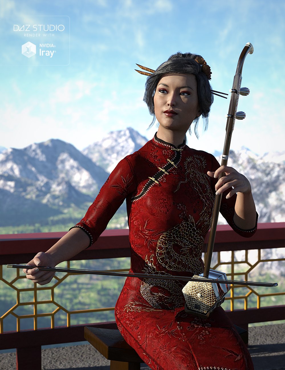 Chinese Erhu and Poses for Genesis 3 and 8 Female(s) by: Protozoon, 3D Models by Daz 3D
