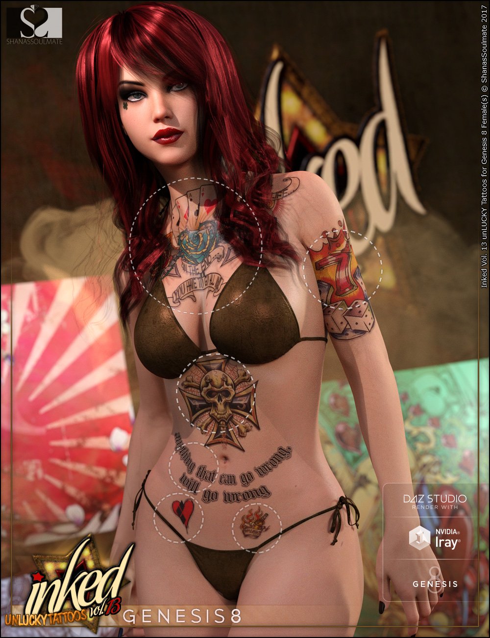 Inked Vol.13: unLUCKY Tattoos for Genesis 8 Female(s) by: ShanasSoulmate, 3D Models by Daz 3D