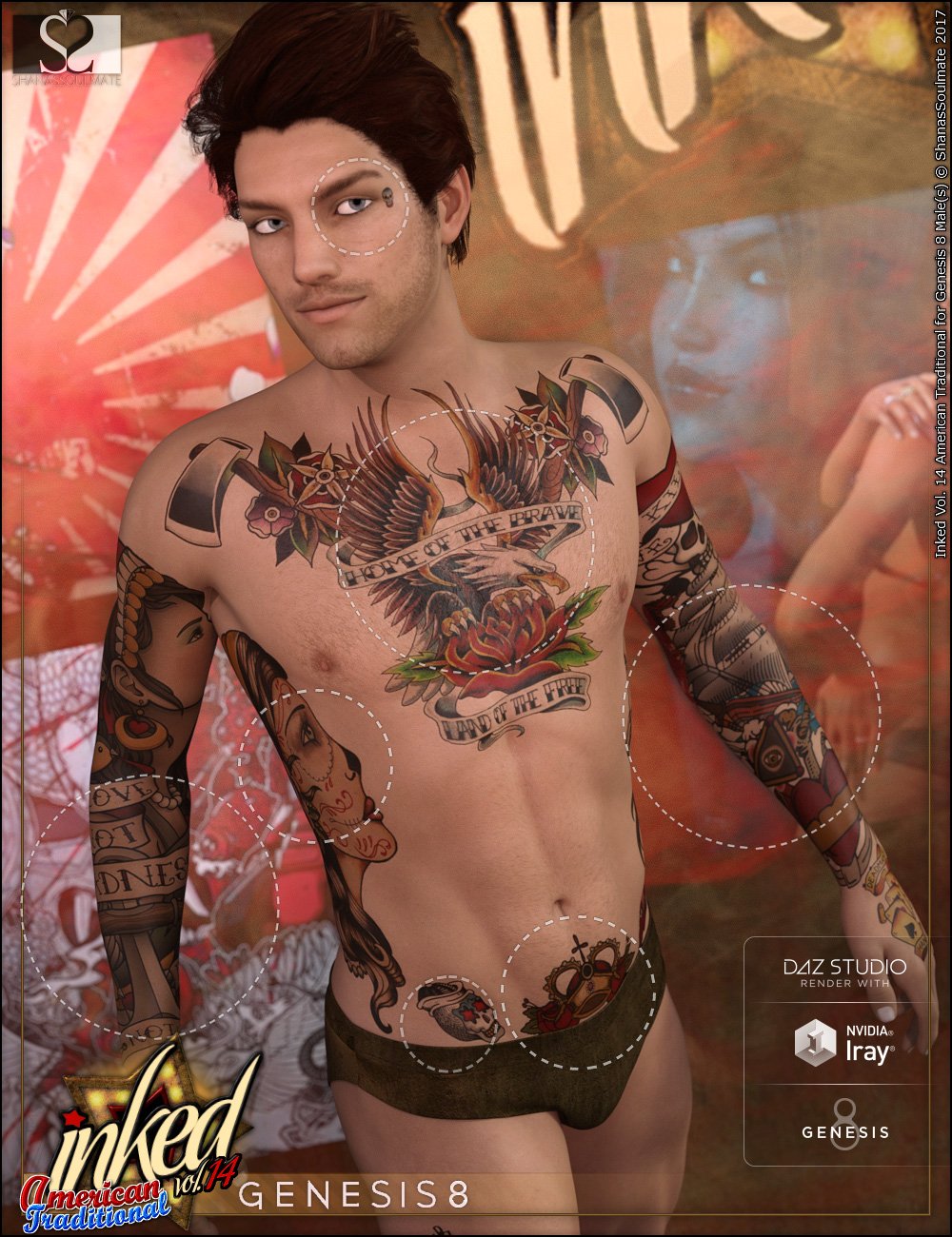 Inked Vol.14: American Traditional for Genesis 8 Male(s) by: ShanasSoulmate, 3D Models by Daz 3D