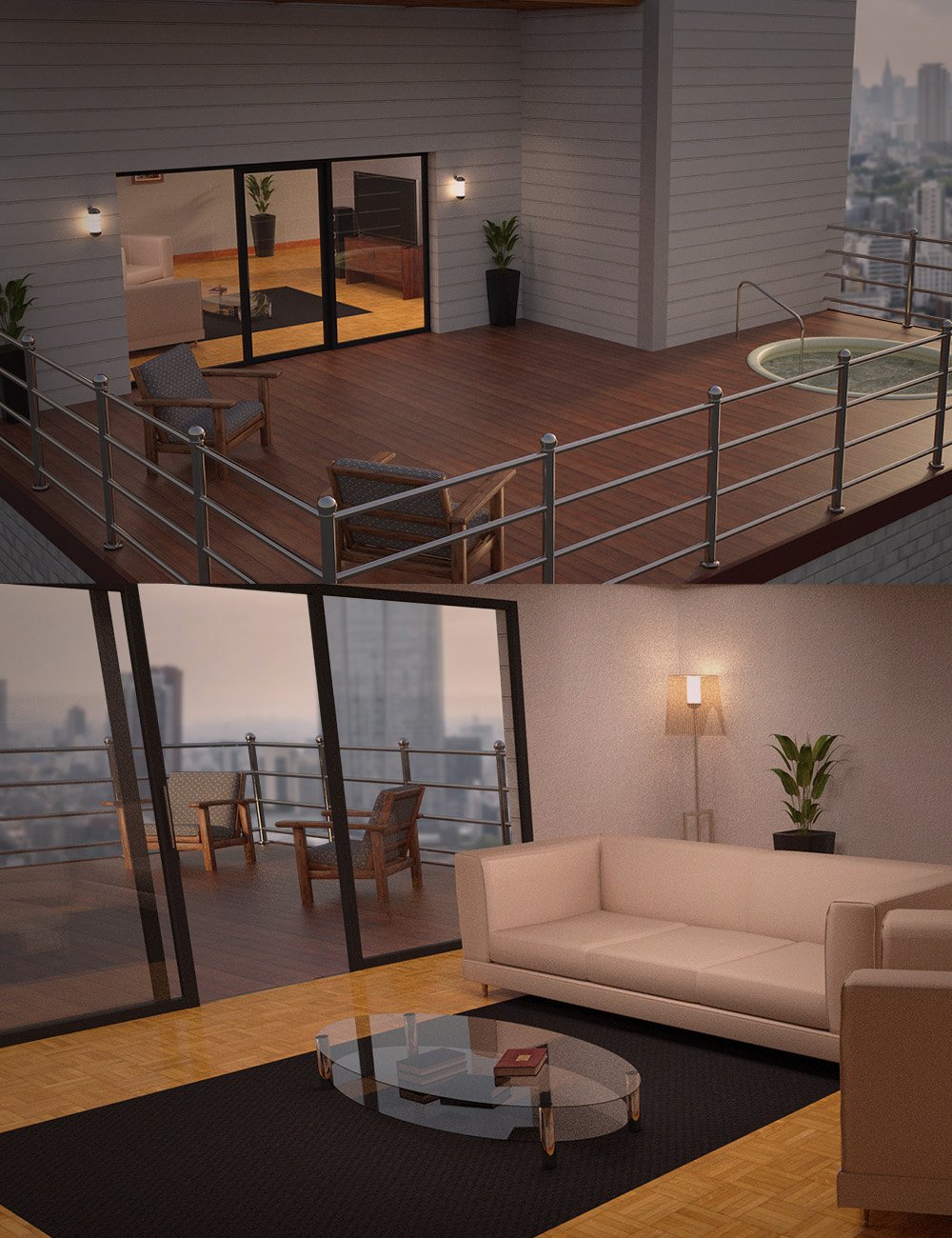 Apartment Living Room and Patio Jacuzzi by: , 3D Models by Daz 3D