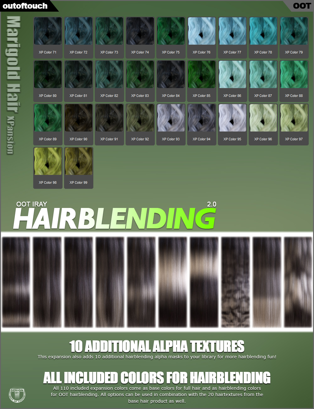 Marigold Hair and OOT Hairblending 2.0 Texture XPansion Marigold Hair and OOT Hairblending 2.0 Texture XPansion by: outoftouch, 3D Models by Daz 3D