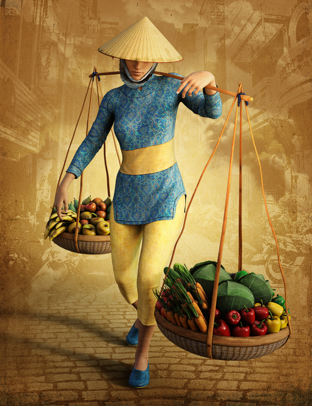 dForce Vietnamese Street Trader Outfit for Genesis 8 Female(s) by: Meshitup, 3D Models by Daz 3D