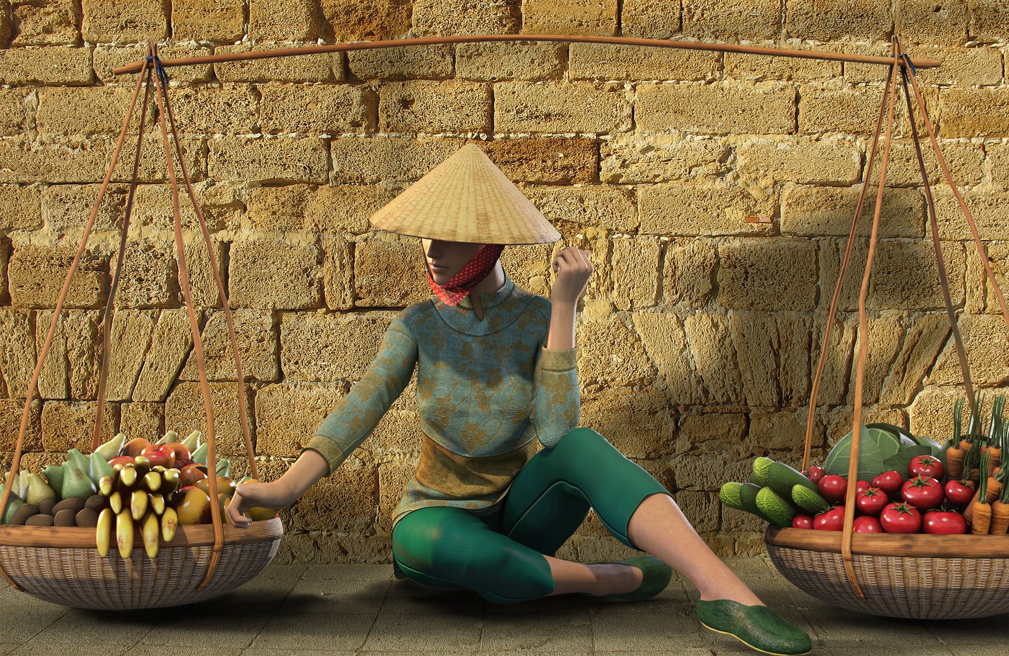 dForce Vietnamese Street Trader Outfit for Genesis 8 Female(s) by: Meshitup, 3D Models by Daz 3D