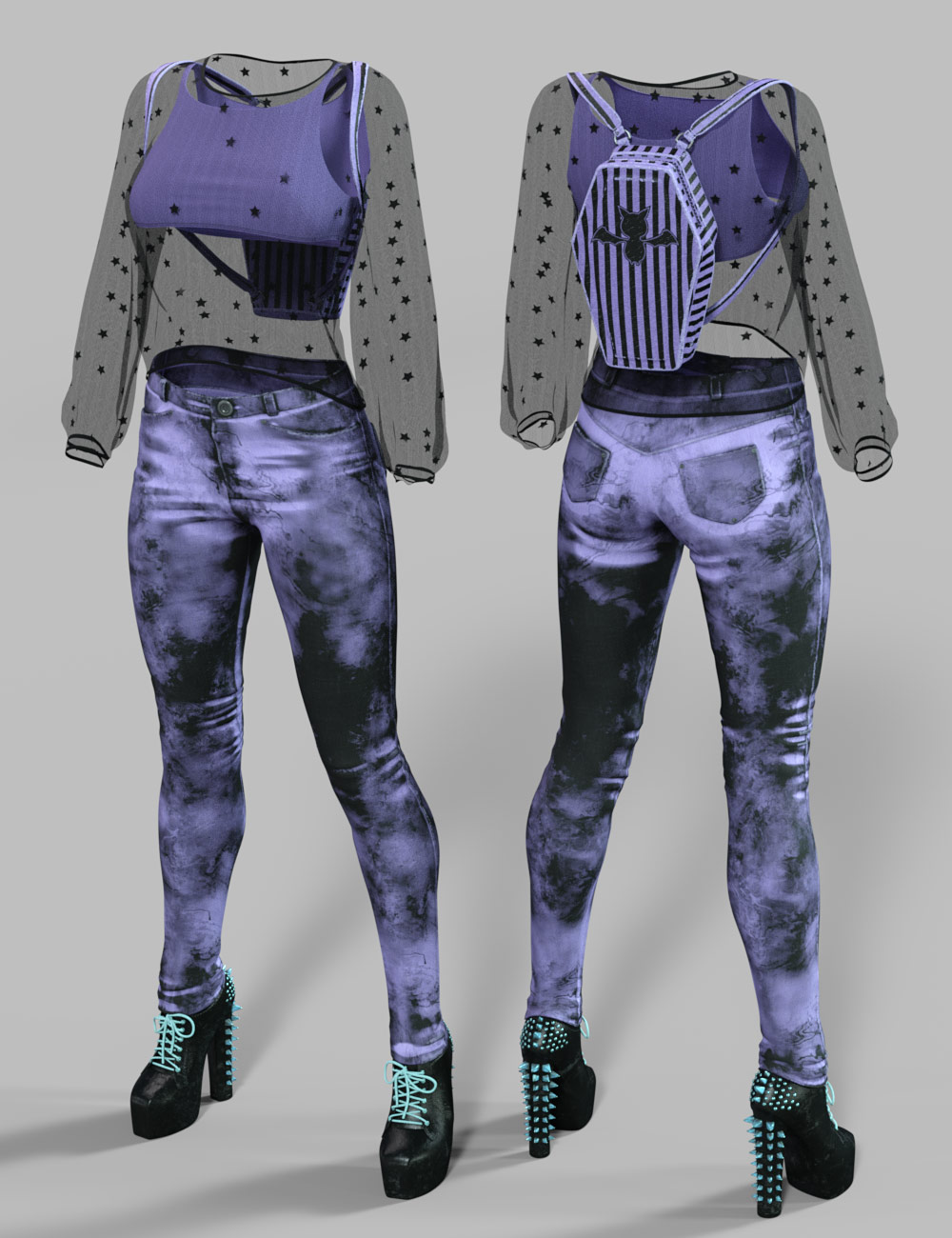 dForce Misty Pastel Goth Outfit Textures by: Moonscape GraphicsSade, 3D Models by Daz 3D