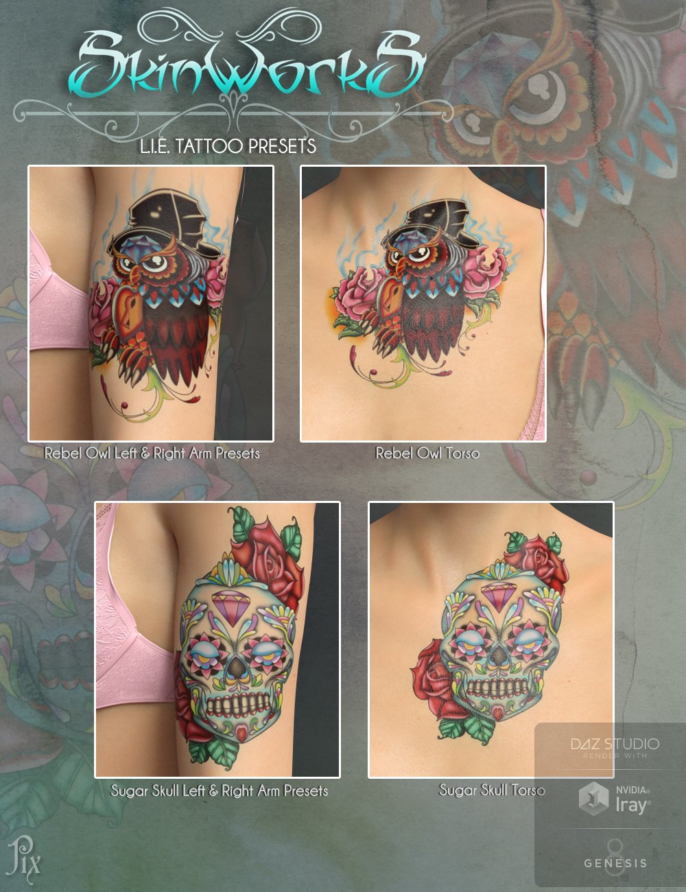 SkinWorks L.I.E. Tattoos for Genesis 3 and 8 by: Pixeluna, 3D Models by Daz 3D
