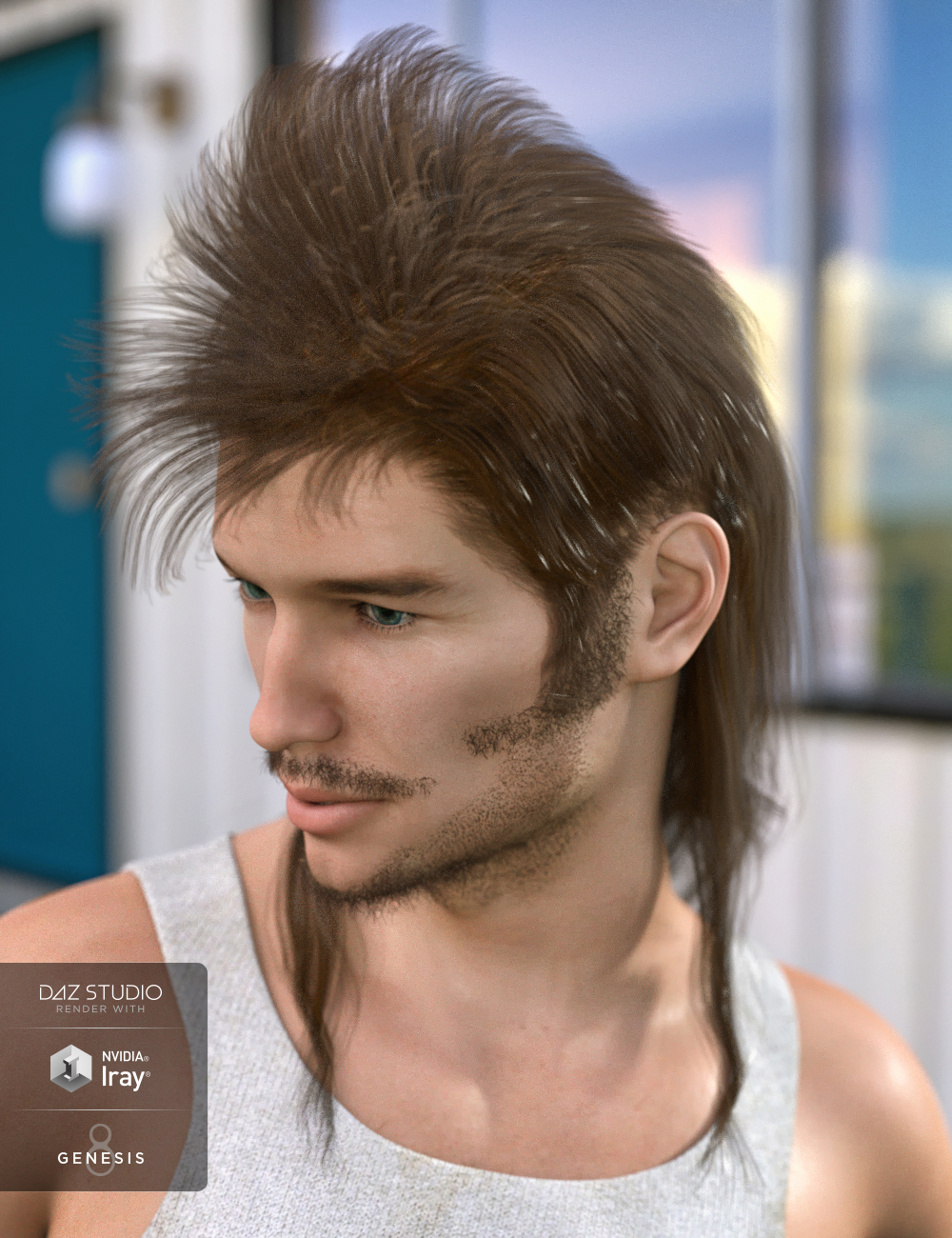 Bubba Mullet Hair for Genesis 3 and 8 Male(s) by: 3DCelebrity, 3D Models by Daz 3D