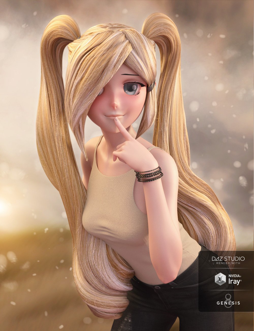 Long Pigtail Anime Hair for Genesis 3 and 8 Female(s) by: Lady Littlefox, 3D Models by Daz 3D
