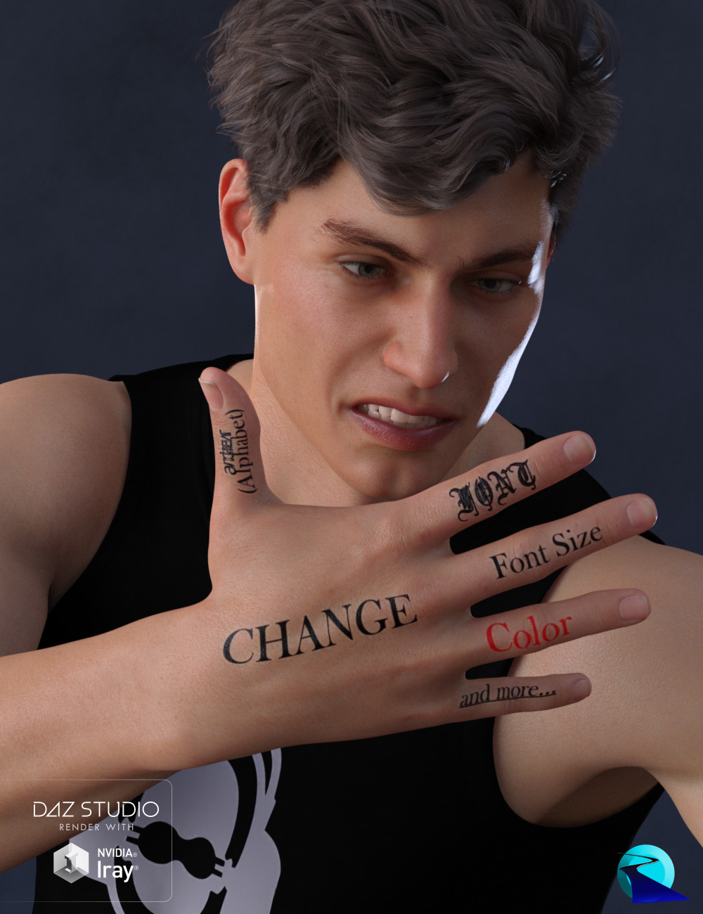 Word Tattoo for Genesis 3 and 8 Male by: RiverSoft Art, 3D Models by Daz 3D