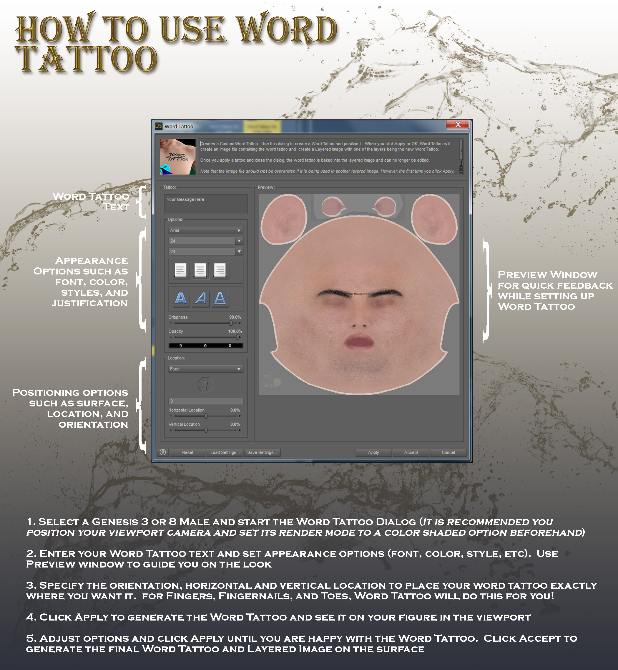 Word Tattoo for Genesis 3 and 8 Male by: RiverSoft Art, 3D Models by Daz 3D
