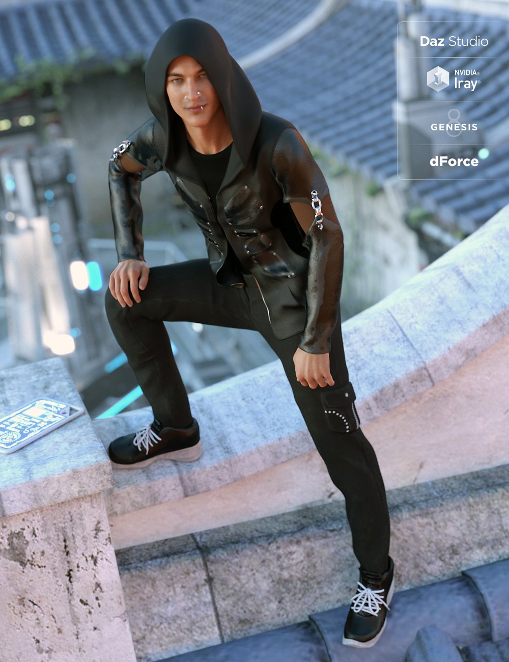 dForce Onyx Goth Outfit for Genesis 8 Male(s) by: MadaMoonscape GraphicsSade, 3D Models by Daz 3D