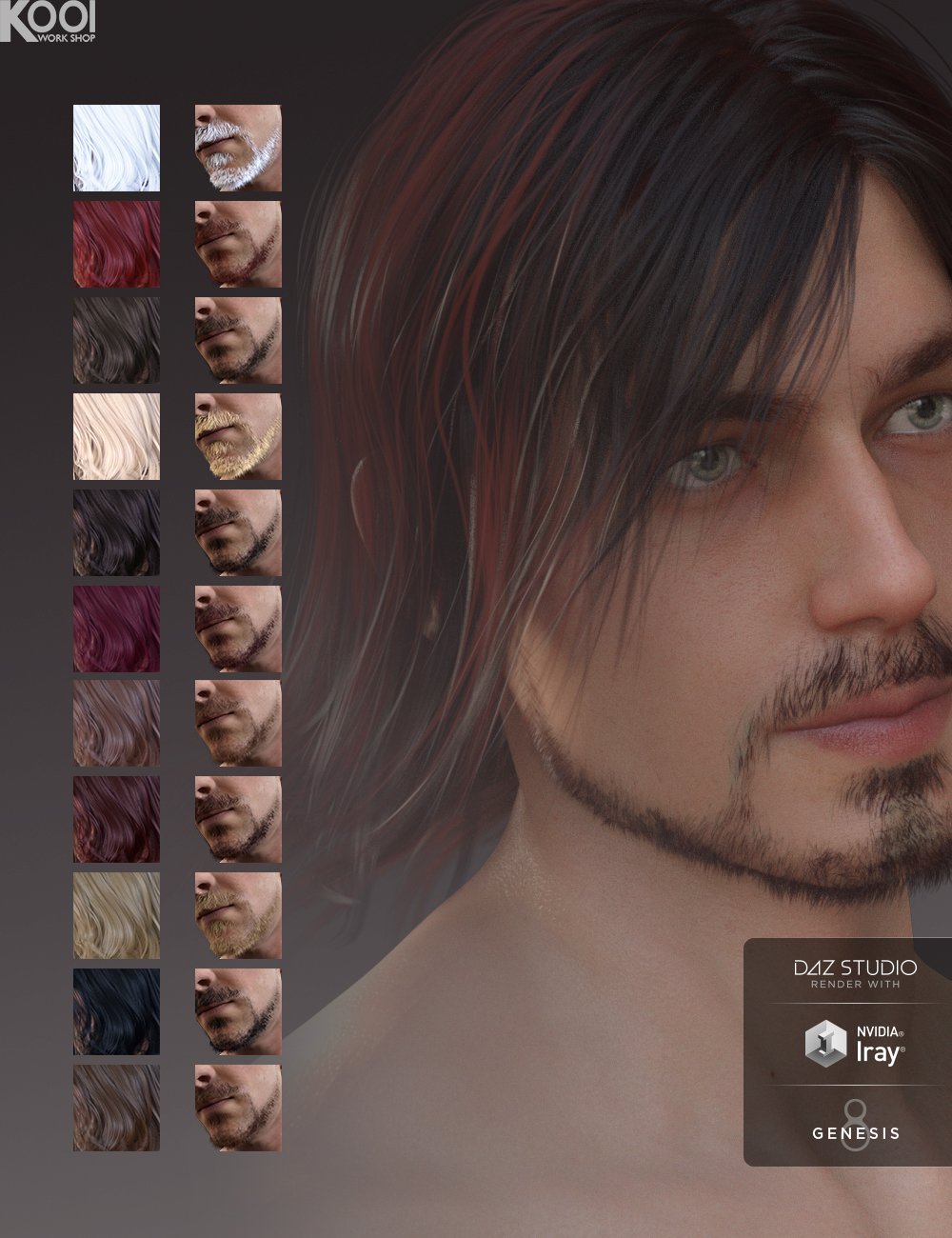 Willis Hair and Beard for Genesis 3 and 8 Male(s) by: Kool, 3D Models by Daz 3D