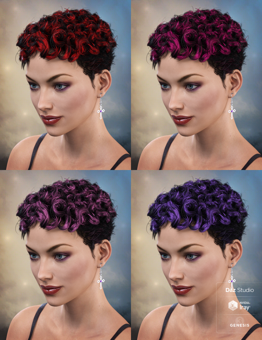 Curly Top Hair for Genesis 3 and 8 by: SamSil, 3D Models by Daz 3D