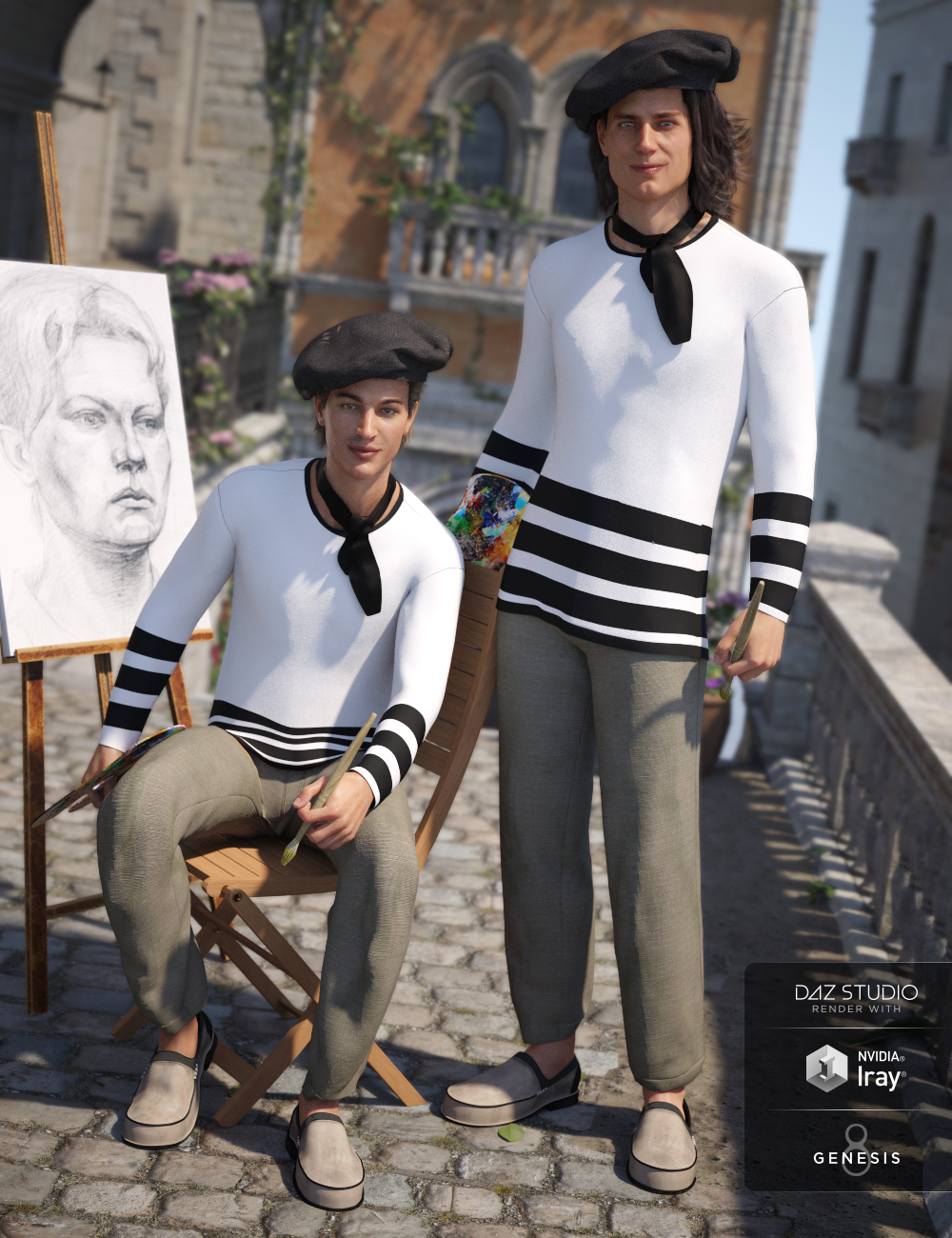 dForce French Painter Outfit for Genesis 8 Male(s) by: Barbara BrundonMoonscape GraphicsSade, 3D Models by Daz 3D