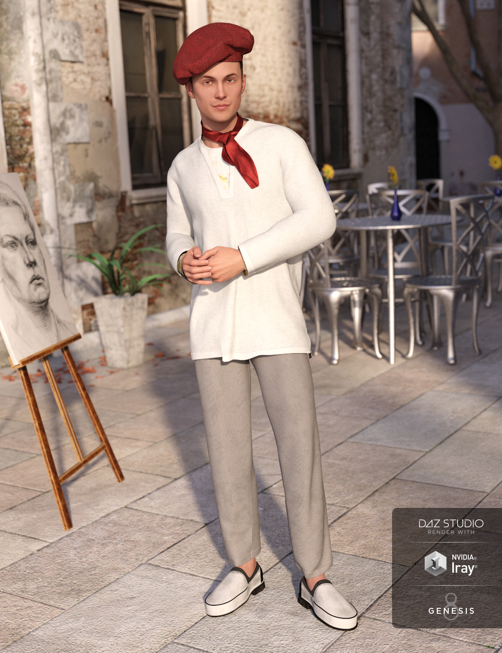 dForce French Painter Outfit Textures by: Moonscape GraphicsSade, 3D Models by Daz 3D
