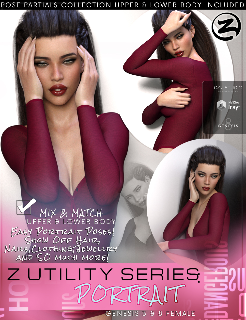 Z Utility Series: Portrait - Poses with Partials for Genesis 3 & 8 Female by: Zeddicuss, 3D Models by Daz 3D
