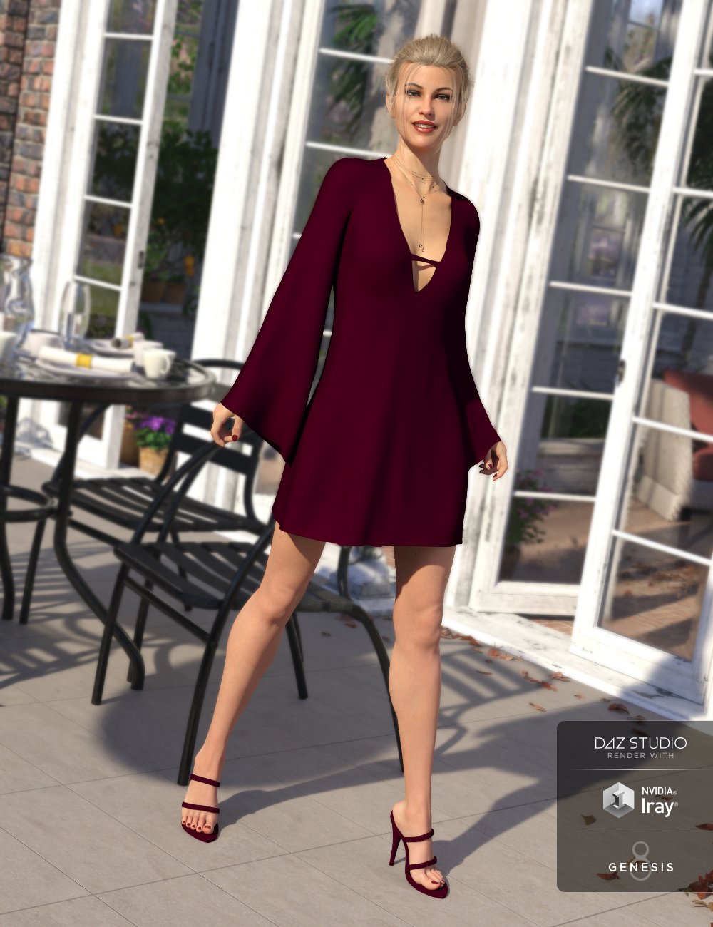 dForce Bell Sleeve Shift Dress for Genesis 8 Female(s) by: Ryverthorn, 3D Models by Daz 3D