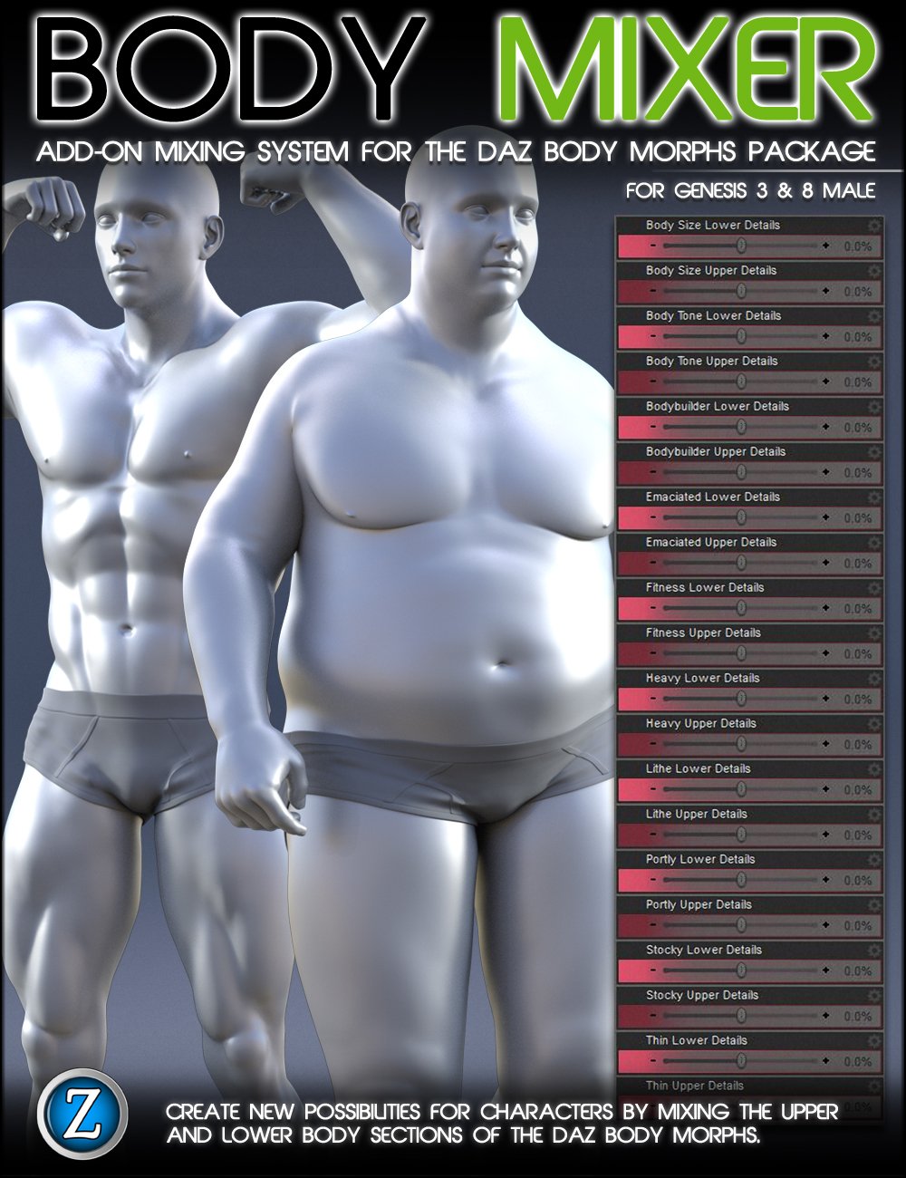 Body Mixer for Genesis 3 and 8 Male by: Zev0, 3D Models by Daz 3D