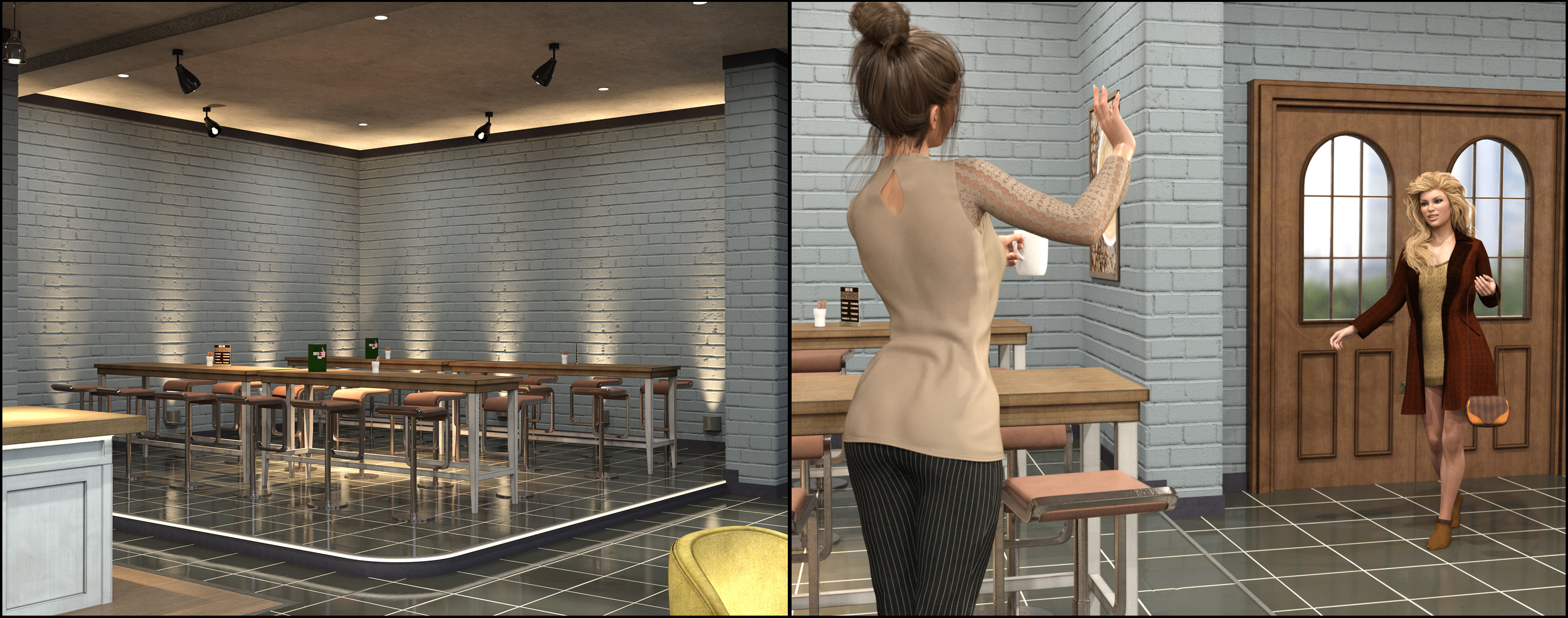 Z Coffee Shop Environment with Poses for Genesis 3 and 8 by: Zeddicuss, 3D Models by Daz 3D