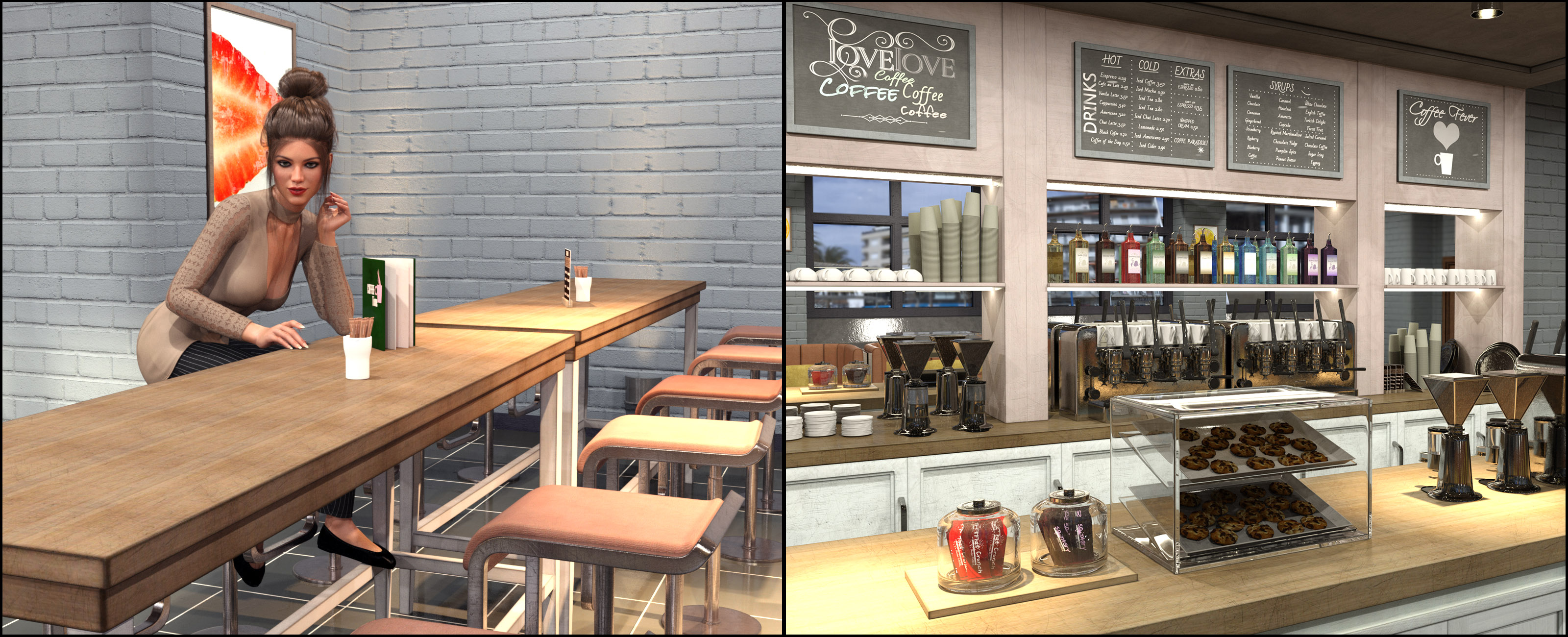 Z Coffee Shop Environment with Poses for Genesis 3 and 8 by: Zeddicuss, 3D Models by Daz 3D