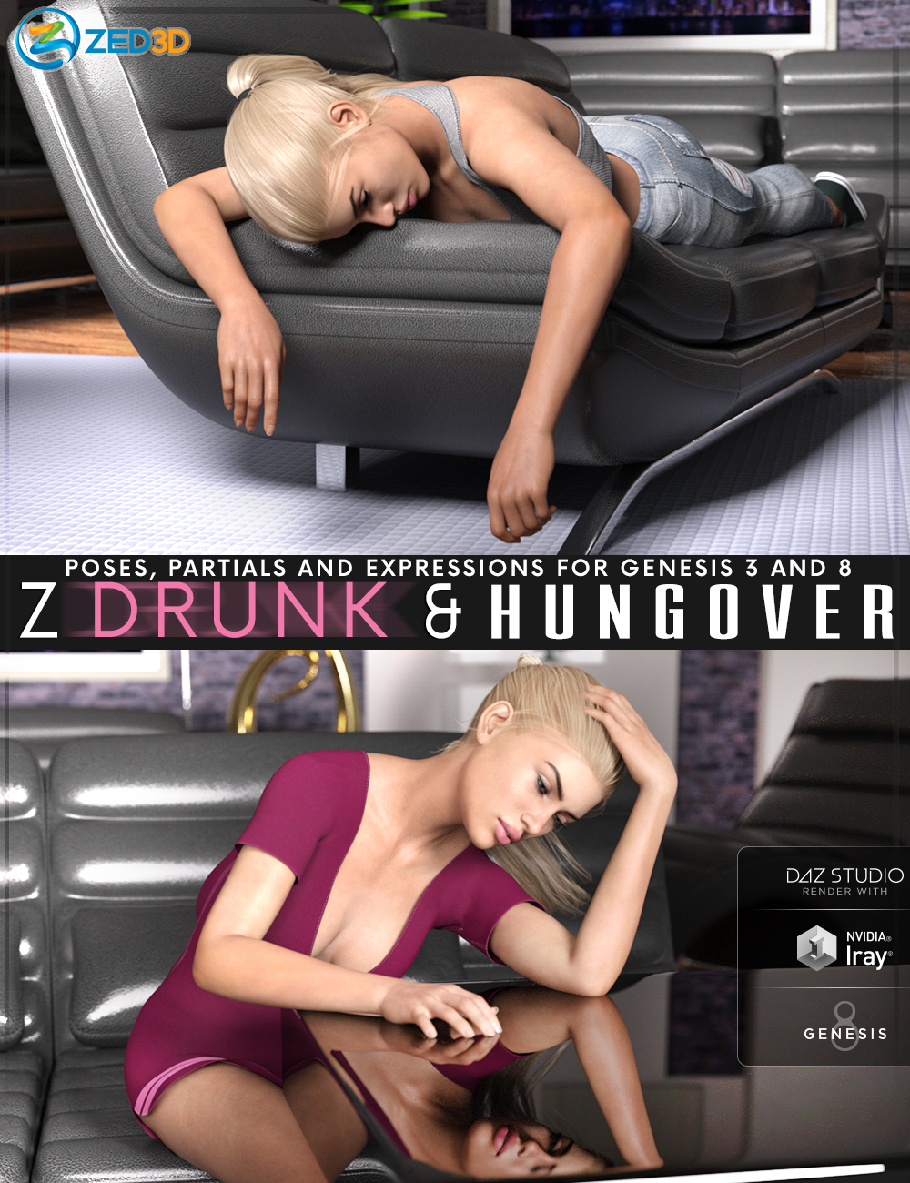 Z Drunk and Hungover - Poses with Partials and Expressions for Genesis 3 and 8 by: Zeddicuss, 3D Models by Daz 3D