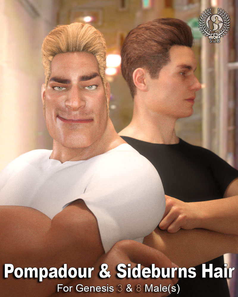 Pompadour and Sideburns Hair for Genesis 3 and 8 Male(s) by: SamSil, 3D Models by Daz 3D