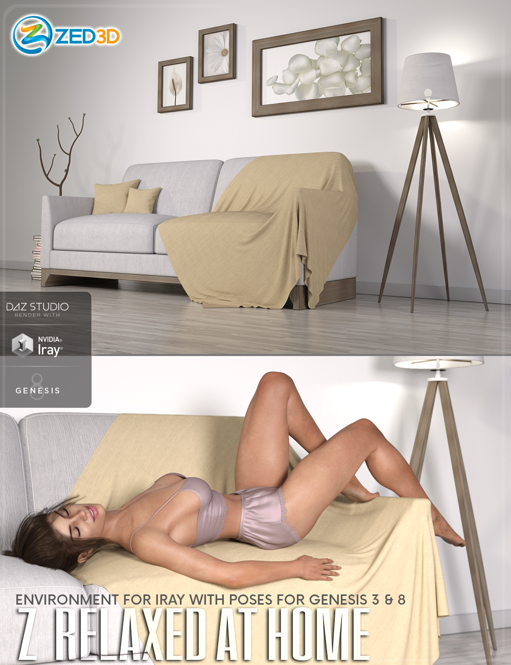Z Relaxed at Home - Indoor Environment with Poses for Genesis 3 and 8 by: Zeddicuss, 3D Models by Daz 3D