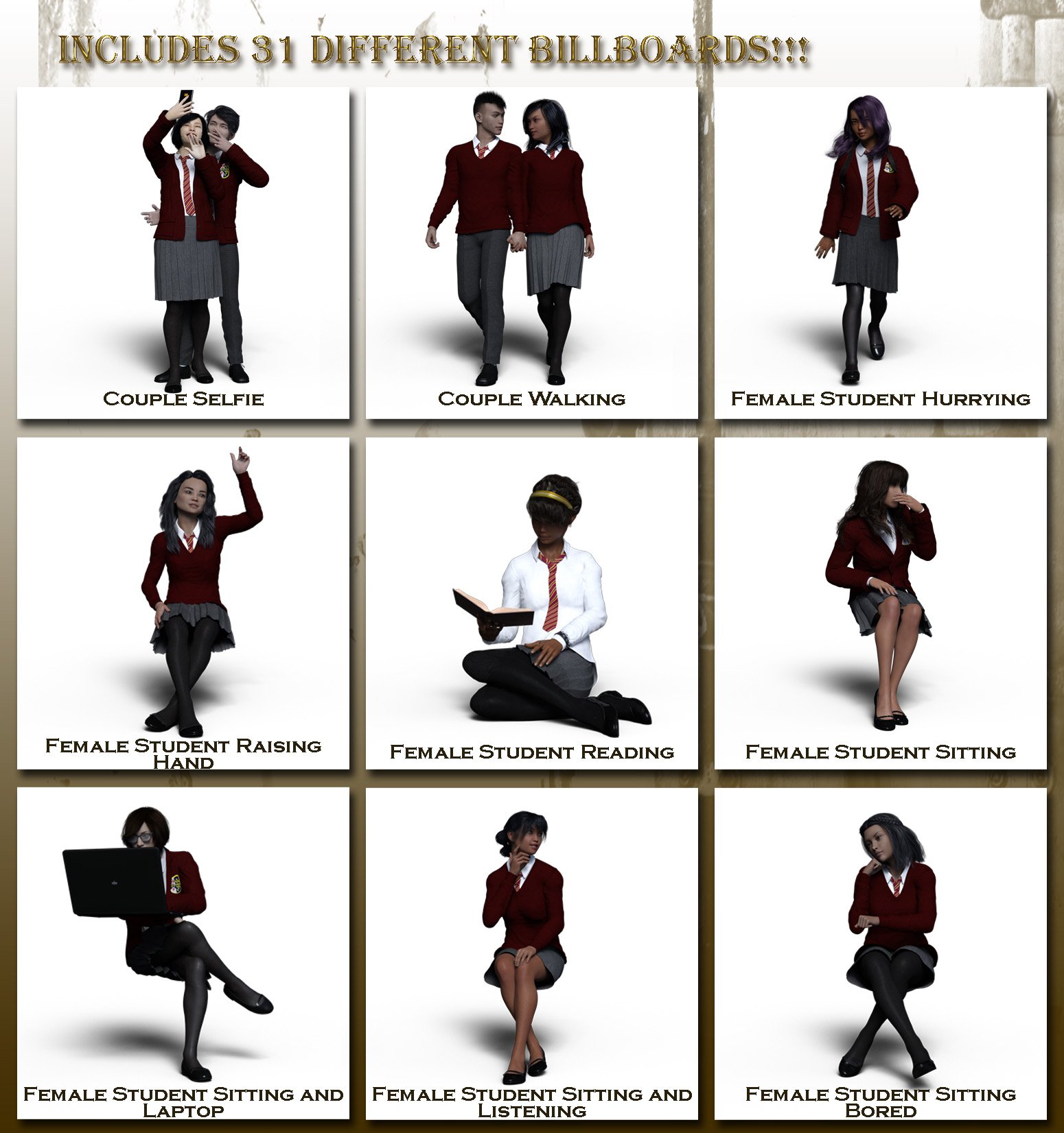 Now-Crowd Billboards - Asian School Life Now-Crowd Billboards - Asian School Life by: RiverSoft Art, 3D Models by Daz 3D