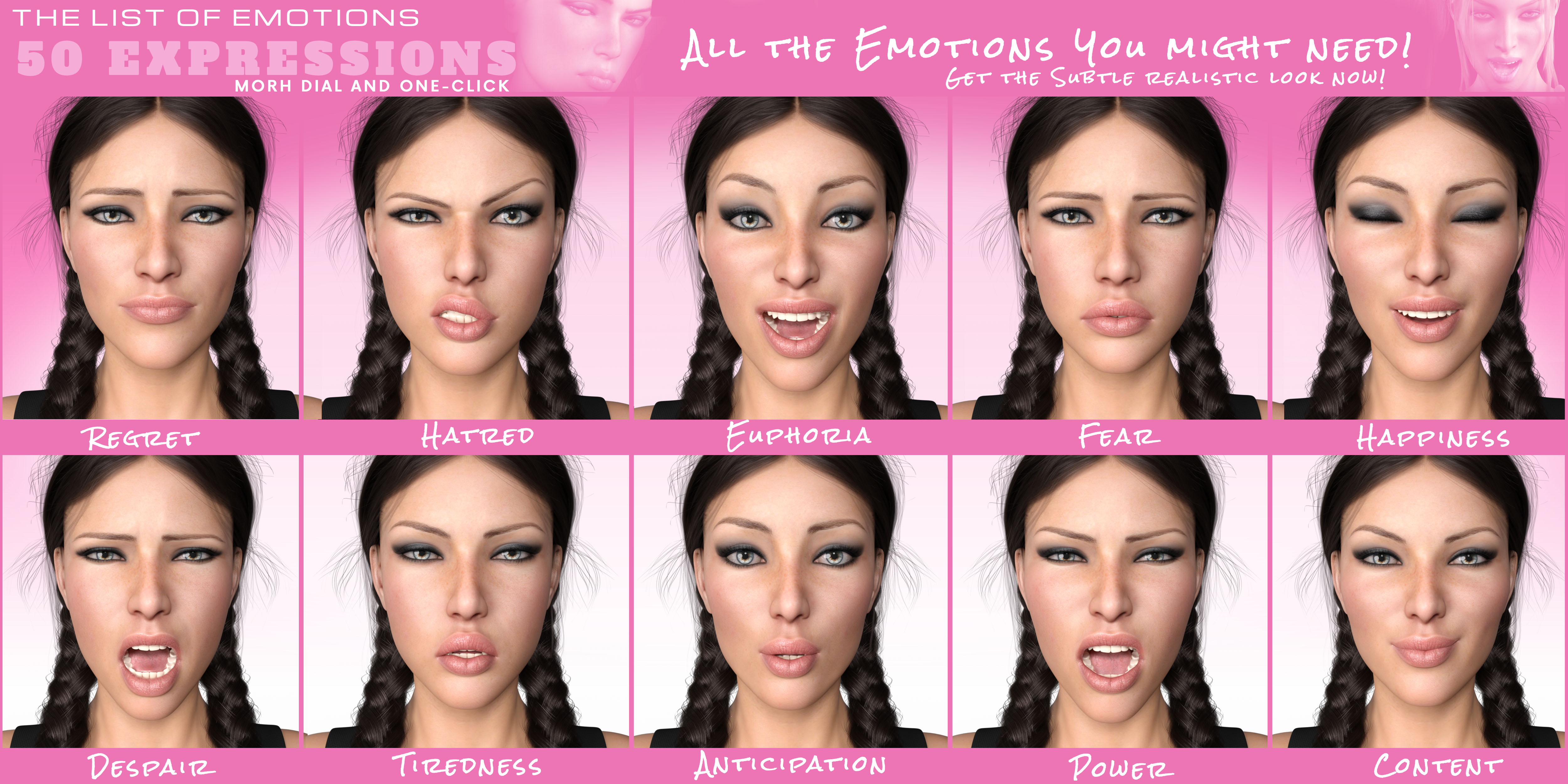 Z The Big 50 : The List of Emotions for Genesis 8 Female by: Zeddicuss, 3D Models by Daz 3D