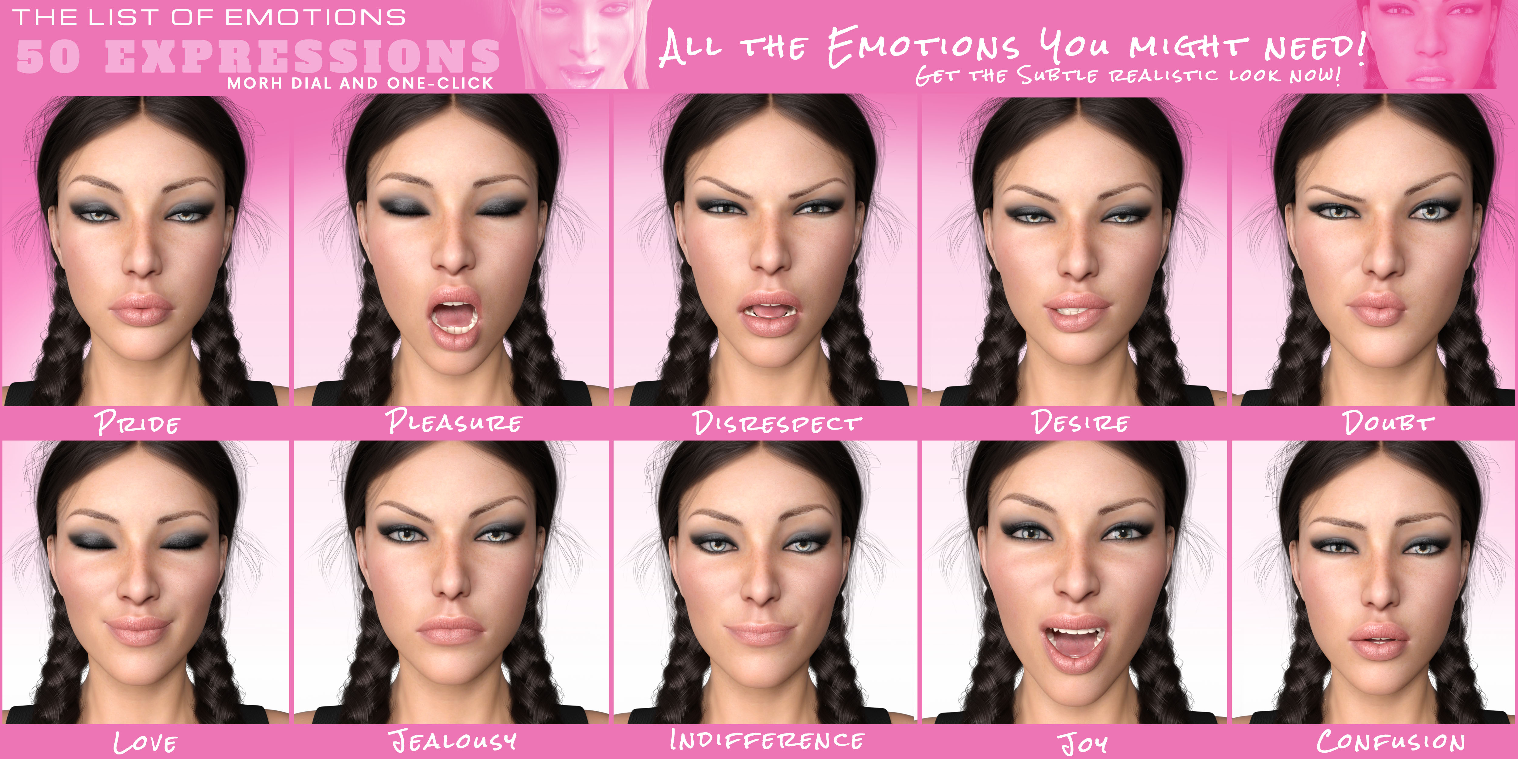 Z The Big 50 : The List of Emotions for Genesis 8 Female by: Zeddicuss, 3D Models by Daz 3D