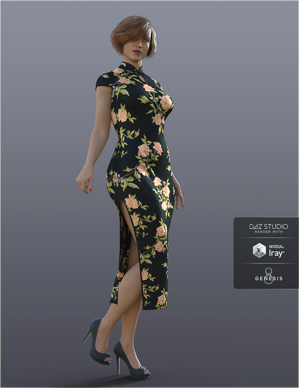 dForce H&C Long Qipao Dress for Genesis 8 Female(s) by: IH Kang, 3D Models by Daz 3D