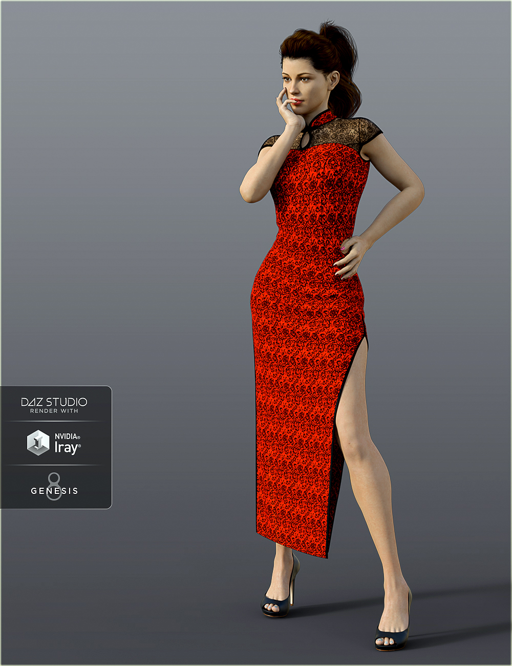 dForce H&C Long Qipao Dress for Genesis 8 Female(s) by: IH Kang, 3D Models by Daz 3D