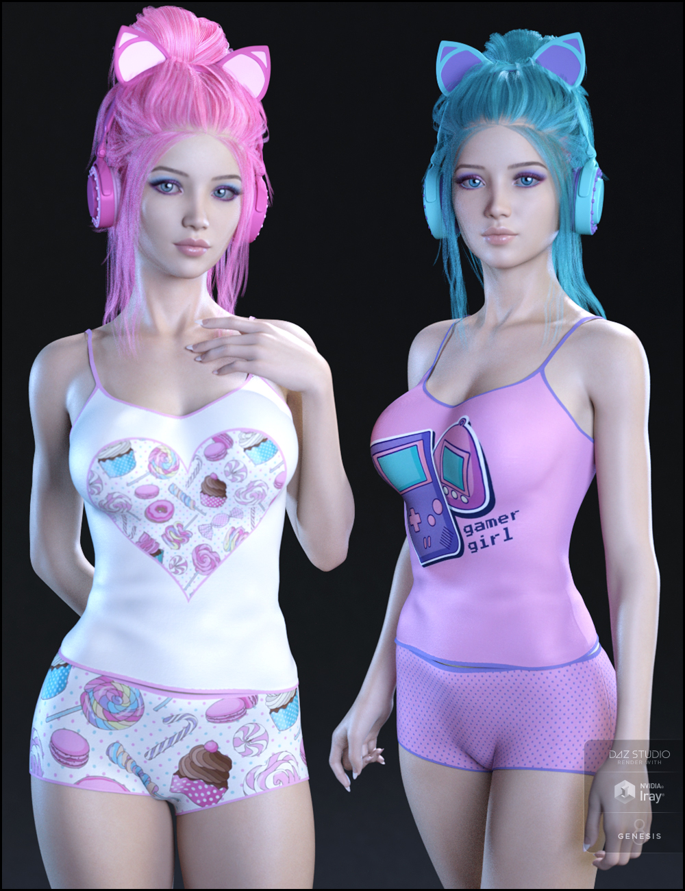 Kawaii Textures for Gamer Girl PJs and Accessories by: Jessaii, 3D Models by Daz 3D
