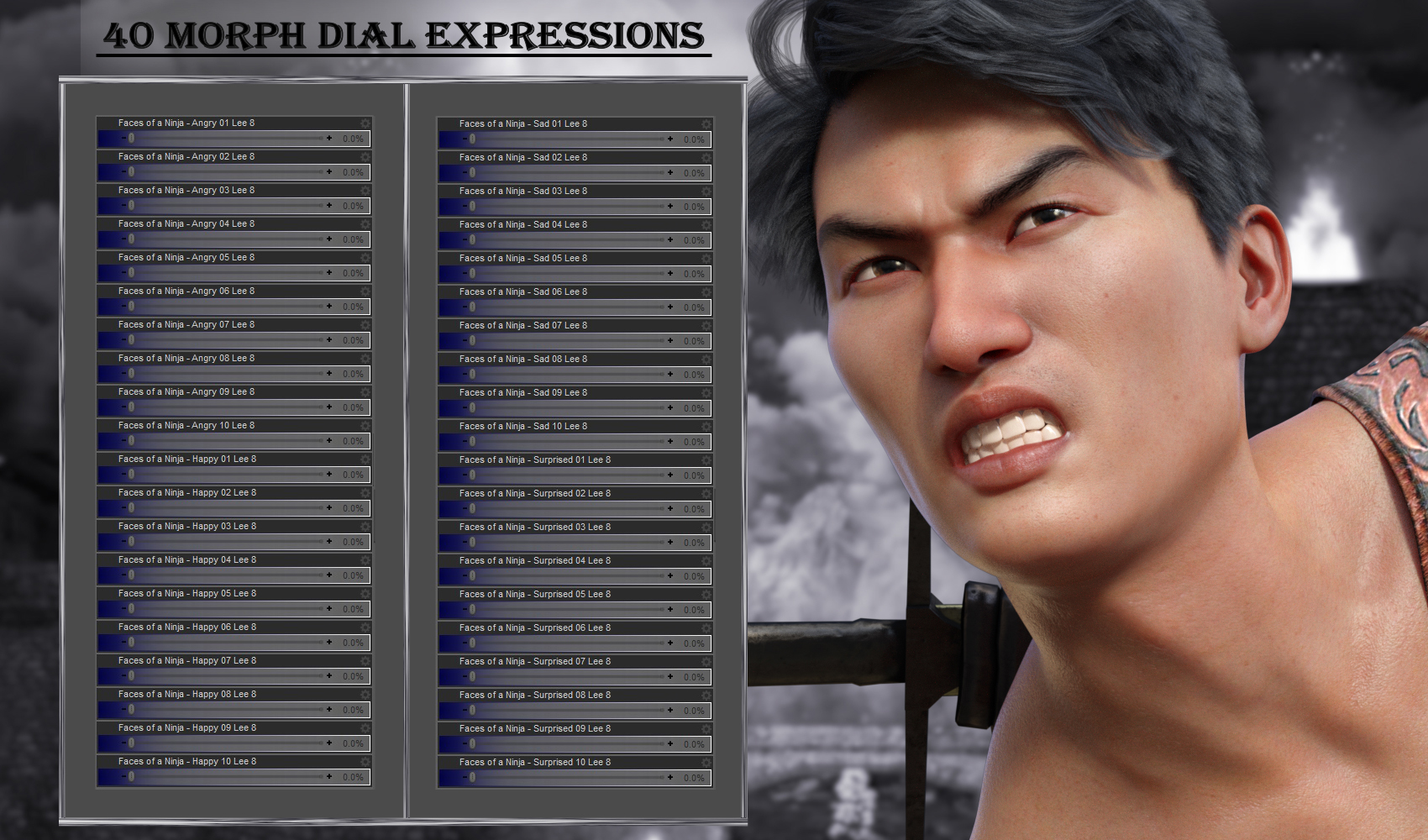 Faces of a Ninja - Expressions for Genesis 8 Male and Lee 8 Faces of a Ninja - Expressions for Genesis 8 Male and Lee 8 by: JWolf, 3D Models by Daz 3D