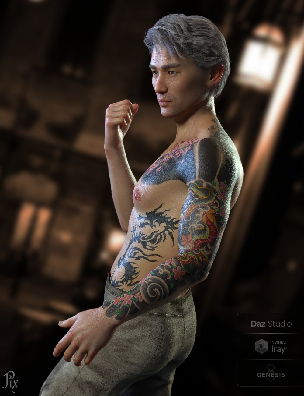 Asian SkinWorks L.I.E. Tattoos for Genesis 3 and 8 Male(s) by: Pixeluna, 3D Models by Daz 3D
