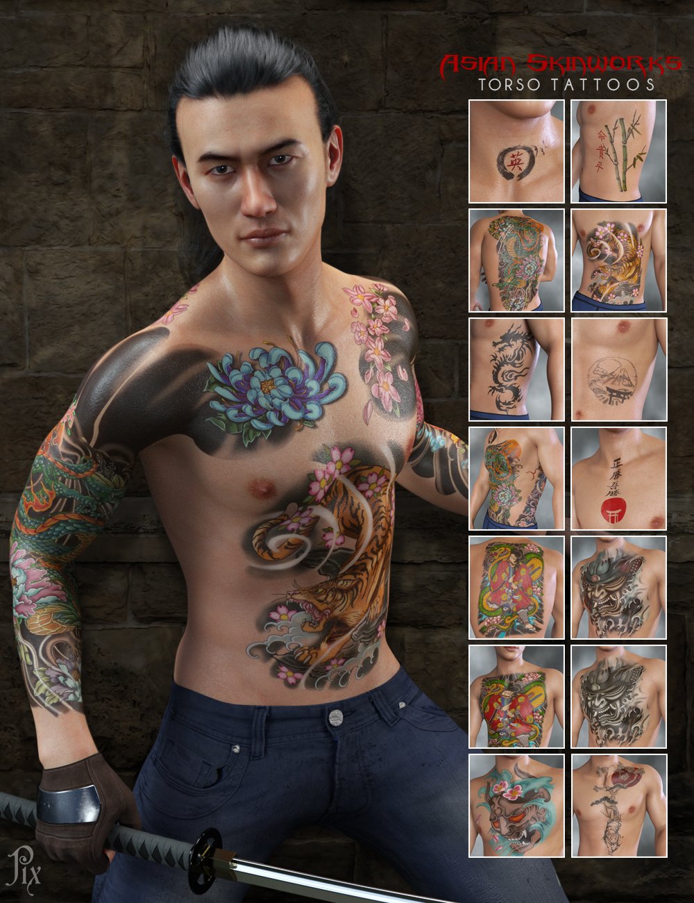 Asian SkinWorks L.I.E. Tattoos for Genesis 3 and 8 Male(s) Asian SkinWorks L.I.E. Tattoos for Genesis 3 and 8 Male(s) by: Pixeluna, 3D Models by Daz 3D