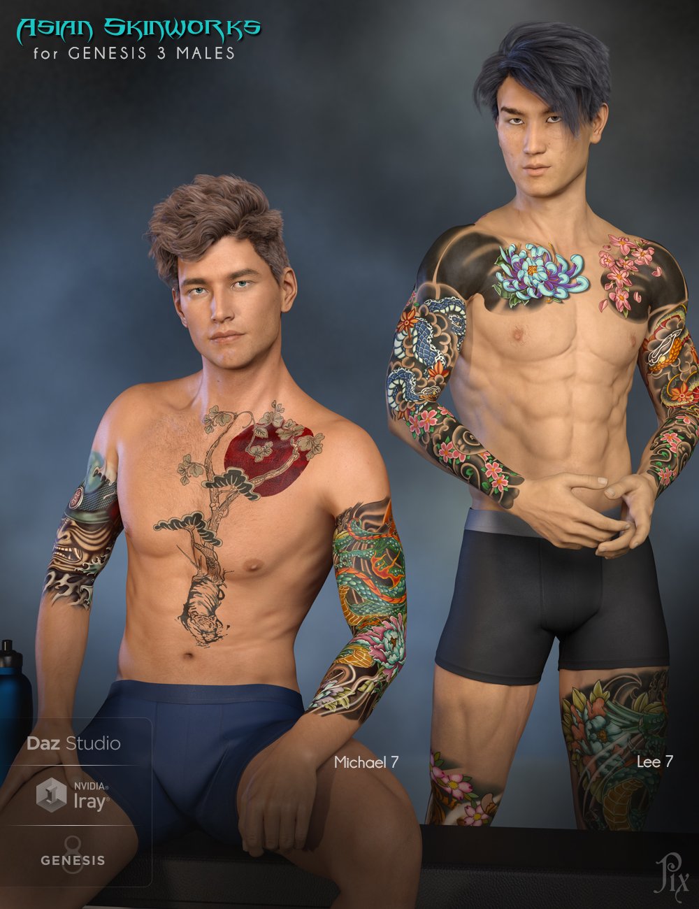 Asian SkinWorks L.I.E. Tattoos for Genesis 3 and 8 Male(s) by: Pixeluna, 3D Models by Daz 3D