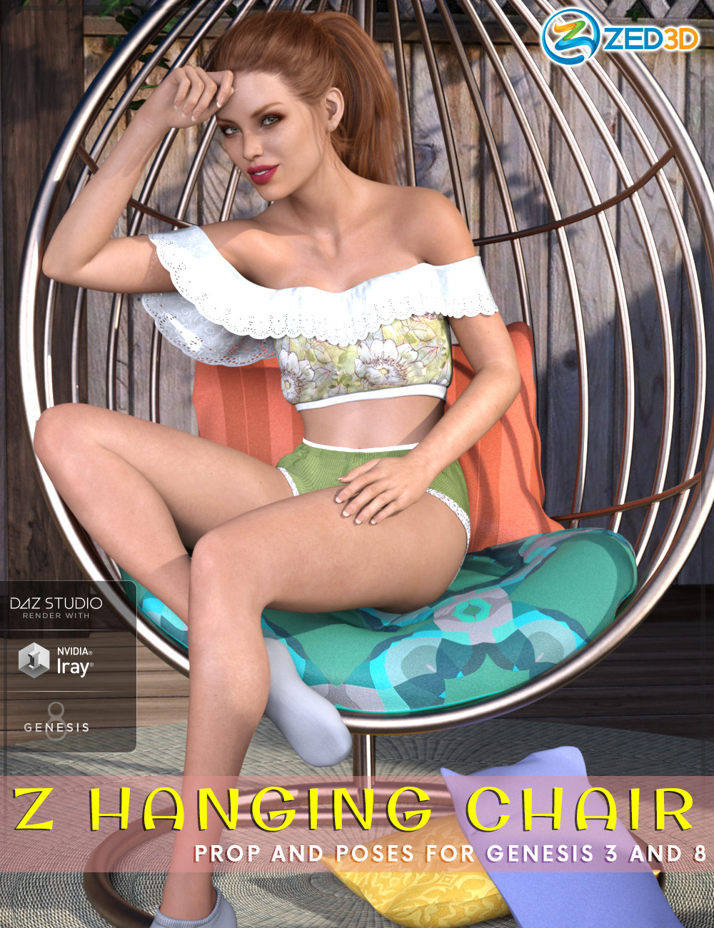 Z Hanging Chair - Prop and Poses for Genesis 3 and 8 by: Zeddicuss, 3D Models by Daz 3D