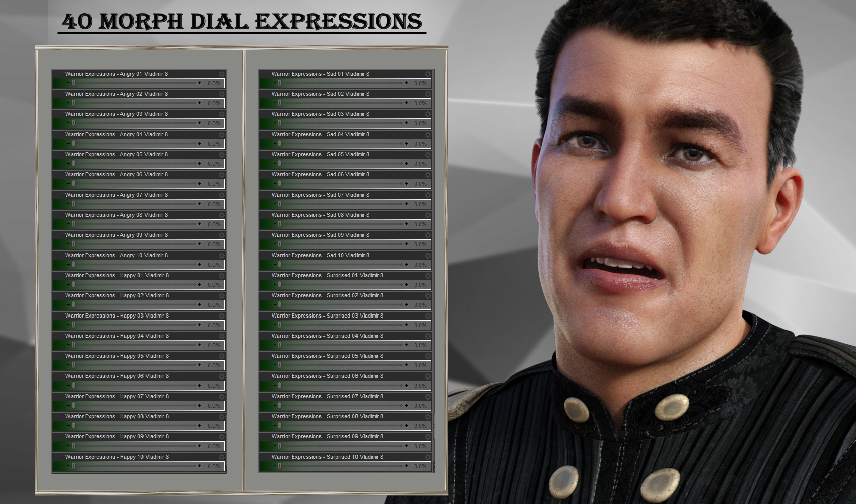 Warrior Expressions for Genesis 8 Male and Vladimir 8 Warrior Expressions for Genesis 8 Male and Vladimir 8 by: JWolf, 3D Models by Daz 3D