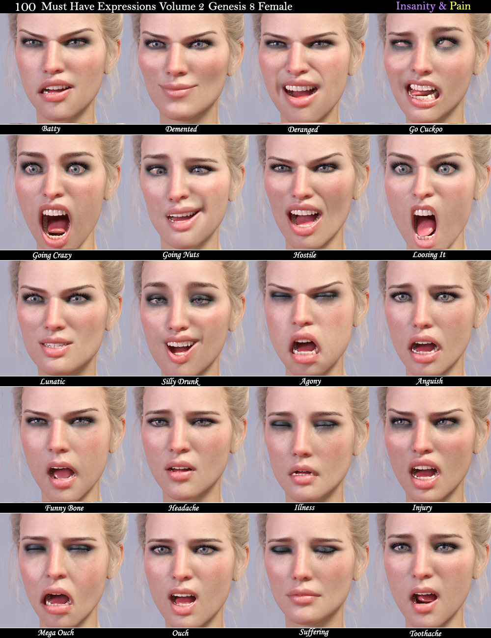100 Must Have Expressions Volume 2 For Genesis 8 Female(s) by: i3D_LotusValery3D, 3D Models by Daz 3D
