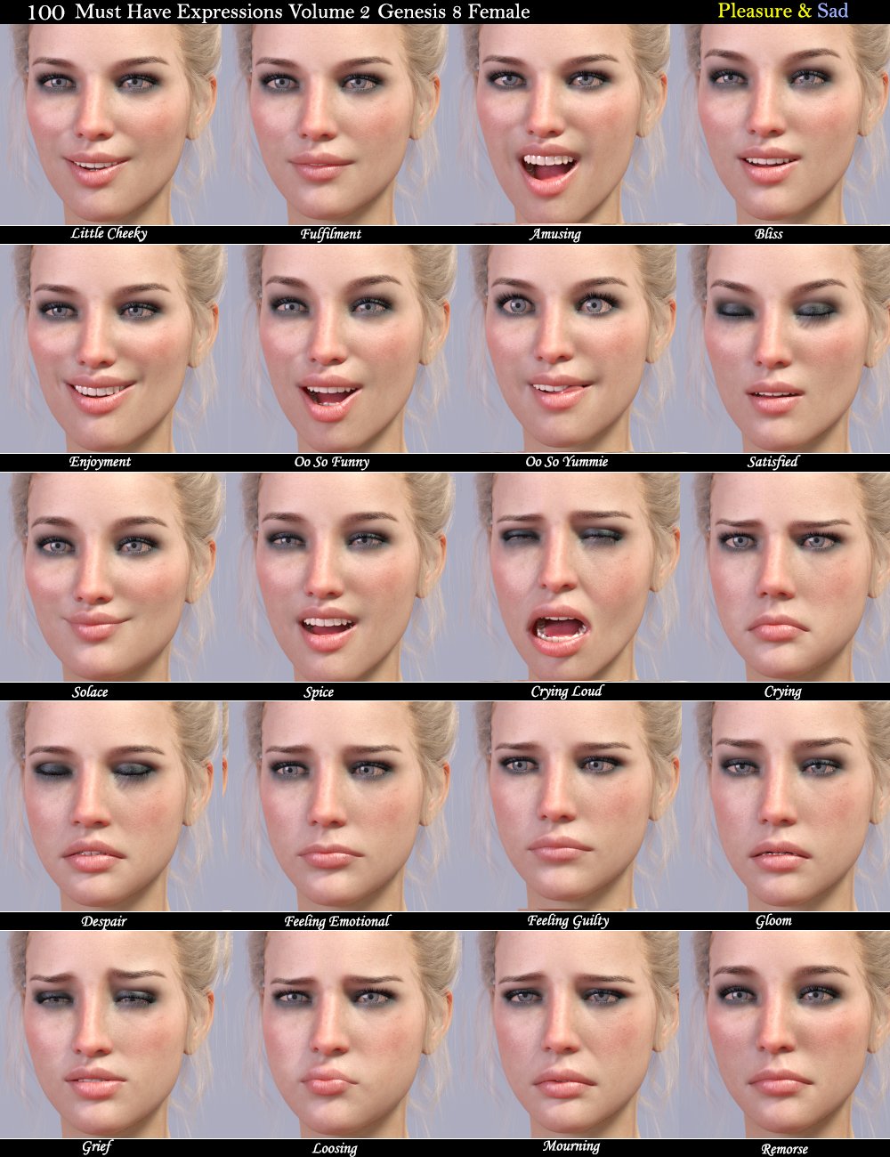 100 Must Have Expressions Volume 2 For Genesis 8 Female(s) by: i3D_LotusValery3D, 3D Models by Daz 3D