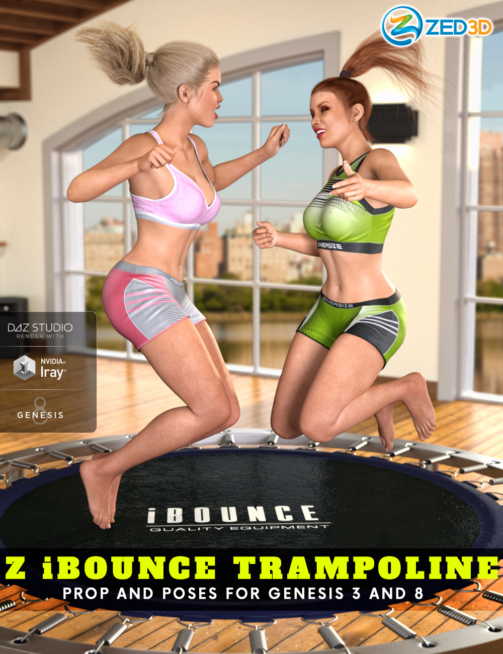 Z iBounce Trampoline Prop and Poses for Genesis 3 and 8 by: Zeddicuss, 3D Models by Daz 3D