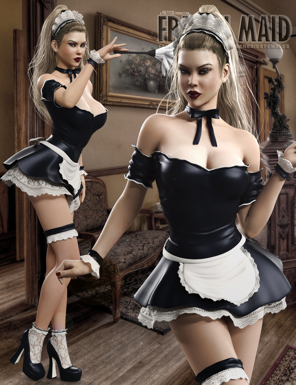 French Maid Costume Set for Genesis 8 Female(s) by: Pretty3D, 3D Models by Daz 3D