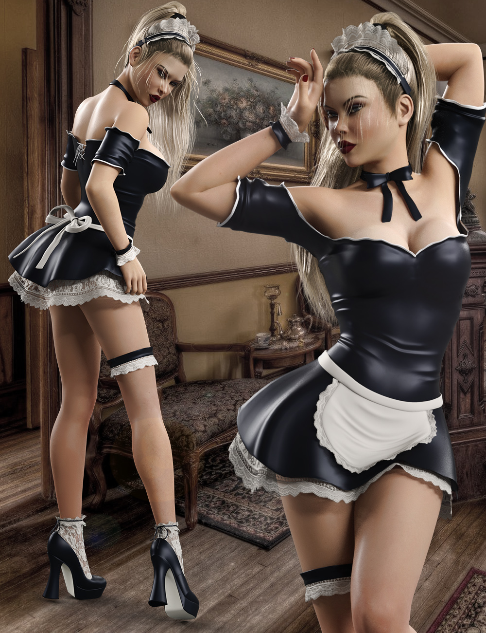 French Maid Costume Set for Genesis 8 Female(s) by: Pretty3D, 3D Models by Daz 3D