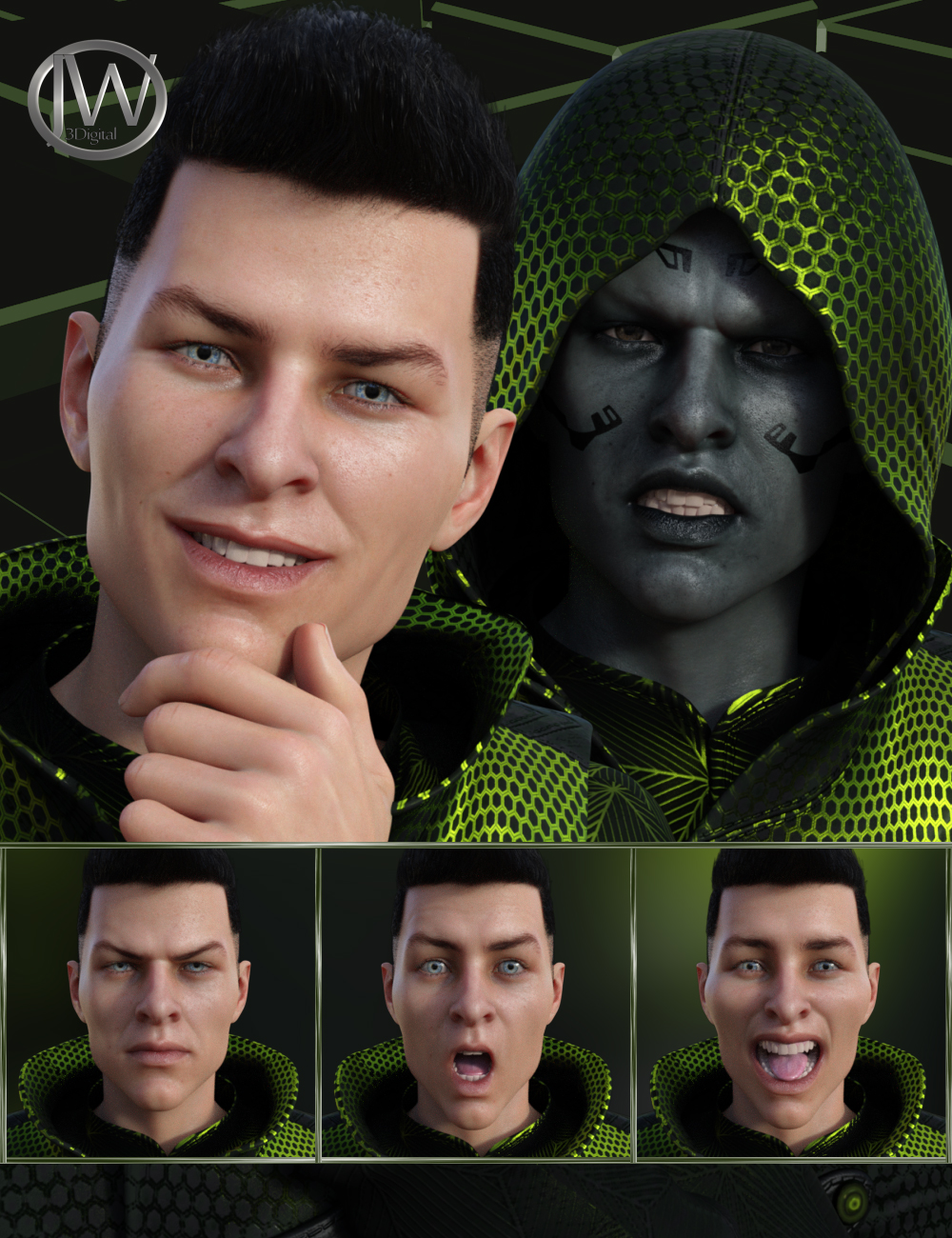 Faces of Our Hero - Expressions for Genesis 8 Male and Nix 8 by: JWolf, 3D Models by Daz 3D