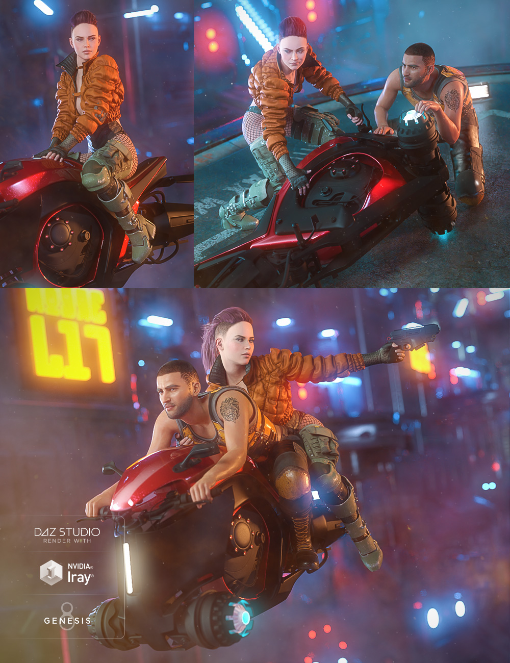 Future Noir Hoverbike Poses for Genesis 8 by: DianePredatron, 3D Models by Daz 3D
