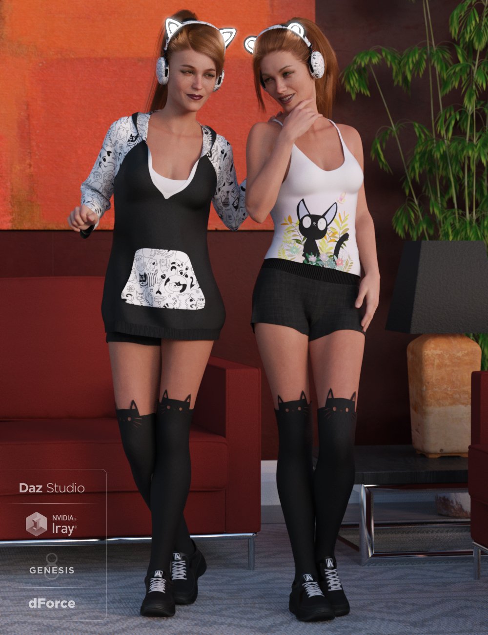 dForce Cool Kitty Outfit for Genesis 8 Female(s) by: Moonscape GraphicsNikisatezSade, 3D Models by Daz 3D